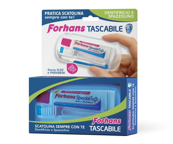 FORHANS TRAVEL KIT TASCABILE COMPOSTO DA SPAZZOLINO DA VIAGGIO + FORHANS SPECIAL PASTA DENTIFRICIA TUBETTO 12,5 ML - Parafarmacia Mostacciano