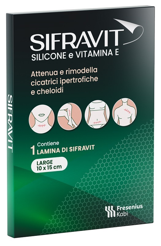PLACCA IN SILICONE E VITAMINA E SIFRAVIT DIMENSIONI 15X10CM. INDICATA NEL TRATTAMENTO DI CHELOIDI E CICATRICI IPERTROFICHE CONSEGUENTI AD INTERVENTI C HIRURGICI, USTIONI, E FERITE - Parafarmacia Mostacciano