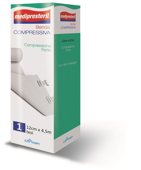 BENDA MEDIPRESTERIL COMPRESSIONE FORTE M4,5X12CM TESI CON CLIP DI FISSAGGIO - Parafarmacia Mostacciano