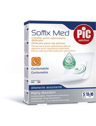 CEROTTO PIC SOFFIX MED IN TNT CON TAMPONE CENTRALE ASSORBENTE STERILE MONOUSO 10X10 CM ANTIBATTERICO 5 PEZZI - Parafarmacia Mostacciano