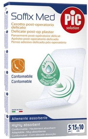 CEROTTO PIC SOFFIX MED IN TNT CON TAMPONE CENTRALE ASSORBENTE STERILE MONOUSO 10X15 CM ANTIBATTERICO 5 PEZZI - Parafarmacia Mostacciano
