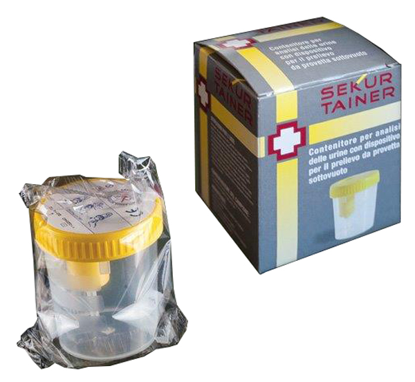 CONTENITORE PER URINA SEKUR TRAINER CON TAPPO A VITE E SONDA PER PRELIEVO DA PROVETTA SOTTOVUOTO 120ML - Parafarmacia Mostacciano