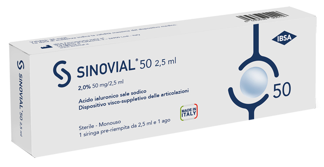 SIRINGA INTRA-ARTICOLARE SINOVIAL 50 ACIDO IALURONICO 2% 50 MG/2,5 ML 1 FS + AGO GAUGE 21 1 PEZZO - Parafarmacia Mostacciano
