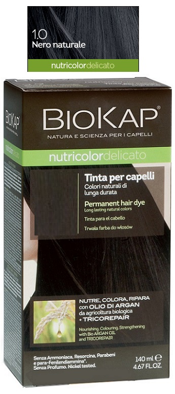 BIOKAP NUTRICOLOR DELICATO 1,0 NERO NATURALE TINTA TUBO + FLACONE - Parafarmacia Mostacciano