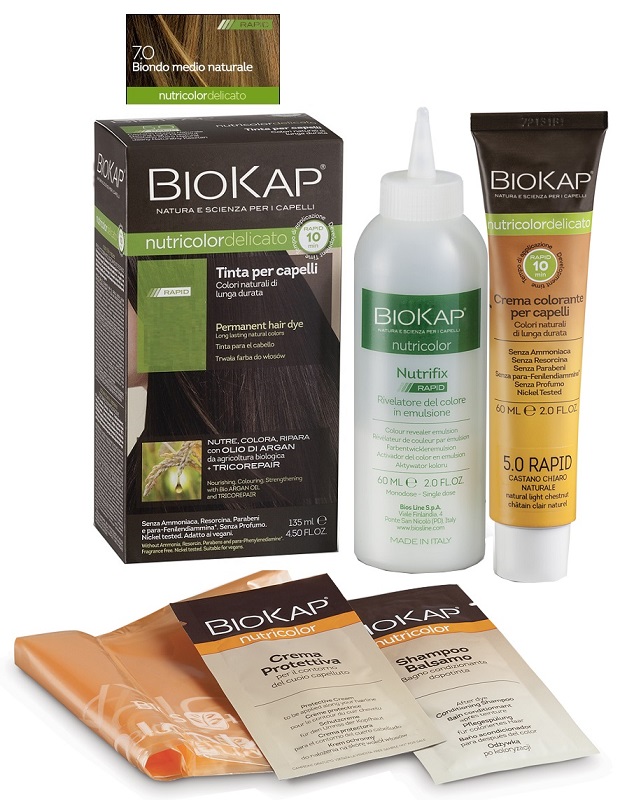 BIOS LINE  BIOKAP NUTRICOLOR DELICATO RAPID TINTA 7,0 BIONDO MEDIO NATURALE 135 ML - Parafarmacia Mostacciano