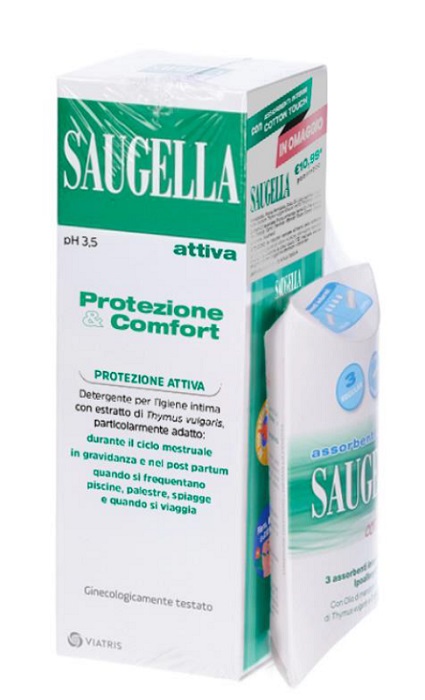SAUGELLA PROTEZIONE&COMFORT BUNDLE 1 ATTIVA 250 ML + 3 ASSORBENTI INTERNI REGULAR IN OMAGGIO + GADGET STICKERS MOTIVAZIONALI - Parafarmacia Mostacciano