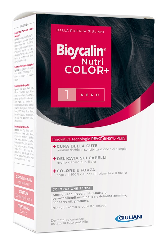BIOSCALIN NUTRICOLOR PLUS 1 NERO CREMA COLORANTE 40 ML + RIVELATORE CREMA 60 ML + SHAMPOO 12 ML + TRATTAMENTO FINALE BALSAMO 12 ML - Parafarmacia Mostacciano
