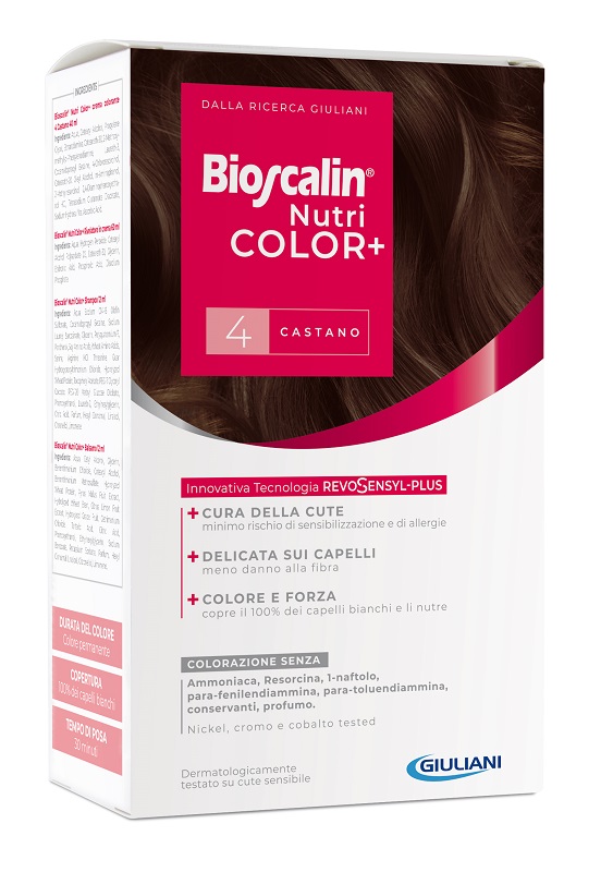 BIOSCALIN NUTRICOLOR PLUS 4 CASTANO CREMA COLORANTE 40 ML + RIVELATORE CREMA 60 ML + SHAMPOO 12 ML + TRATTAMENTO FINALE BALSAMO 12 ML - Parafarmacia Mostacciano