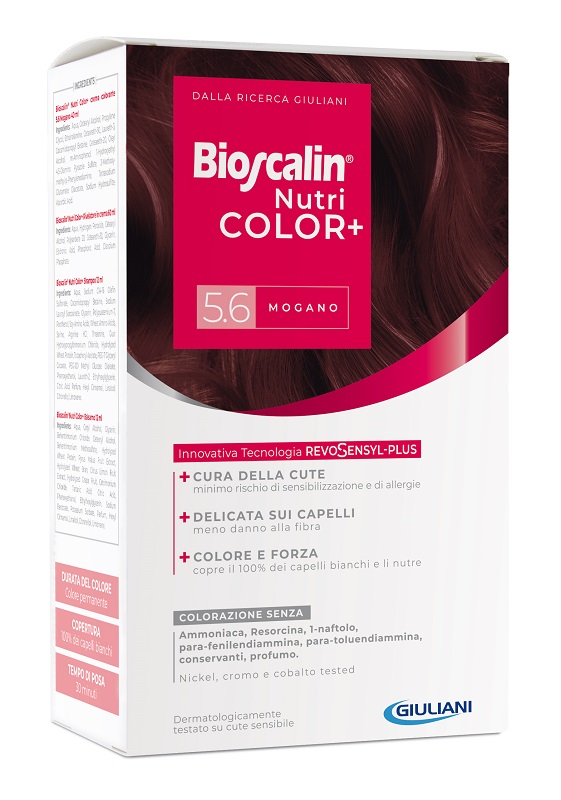 BIOSCALIN NUTRICOLOR PLUS 5,6 MOGANO CREMA COLORANTE 40 ML + RIVELATORE CREMA 60 ML + SHAMPOO 12 ML + TRATTAMENTO FINALE BALSAMO 12 ML - Parafarmacia Mostacciano