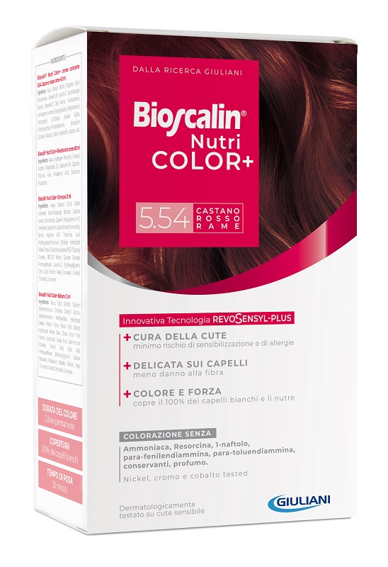 BIOSCALIN NUTRICOLOR PLUS 5,54 CASTANO ROSSO RAME CREMA COLORANTE 40 ML + RIVELATORE CREMA 60 ML + SHAMPOO 12 ML + TRATTAMENTO FINALE BALSAMO 12 ML - Parafarmacia Mostacciano