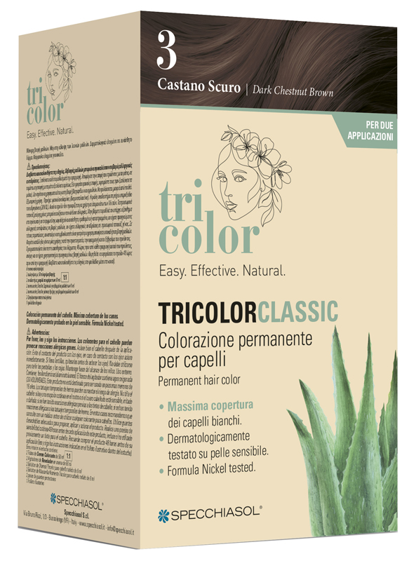 TRICOLOR CLASSIC 3 CASTANO SCURO 2 TUBI 50 ML + 2 SHAKER 50 ML + 4 BUSTINE 8 ML - Parafarmacia Mostacciano