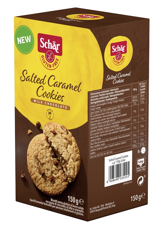 SCHAR SALTED CARAMEL COOKIES CON GOCCE DI CIOCCOLATO AL LATTE E CARAMELLO 150 G - Parafarmacia Mostacciano