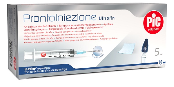 PRONTOINIEZIONE ULTRAFIN KIT SIRINGA STERILE 5 ML GAUGE 23 10 PEZZI + TAMPONCINO ASSORBENTE MONOUSO + APRIFIALA - Parafarmacia Mostacciano